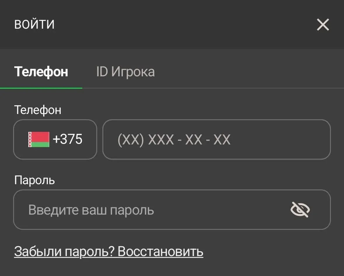 Окно входа в веб версии сайта Betera